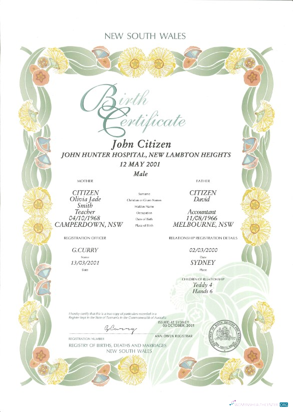 Australia New South Wales decorative (commemorative) birth certificate template in PSD format